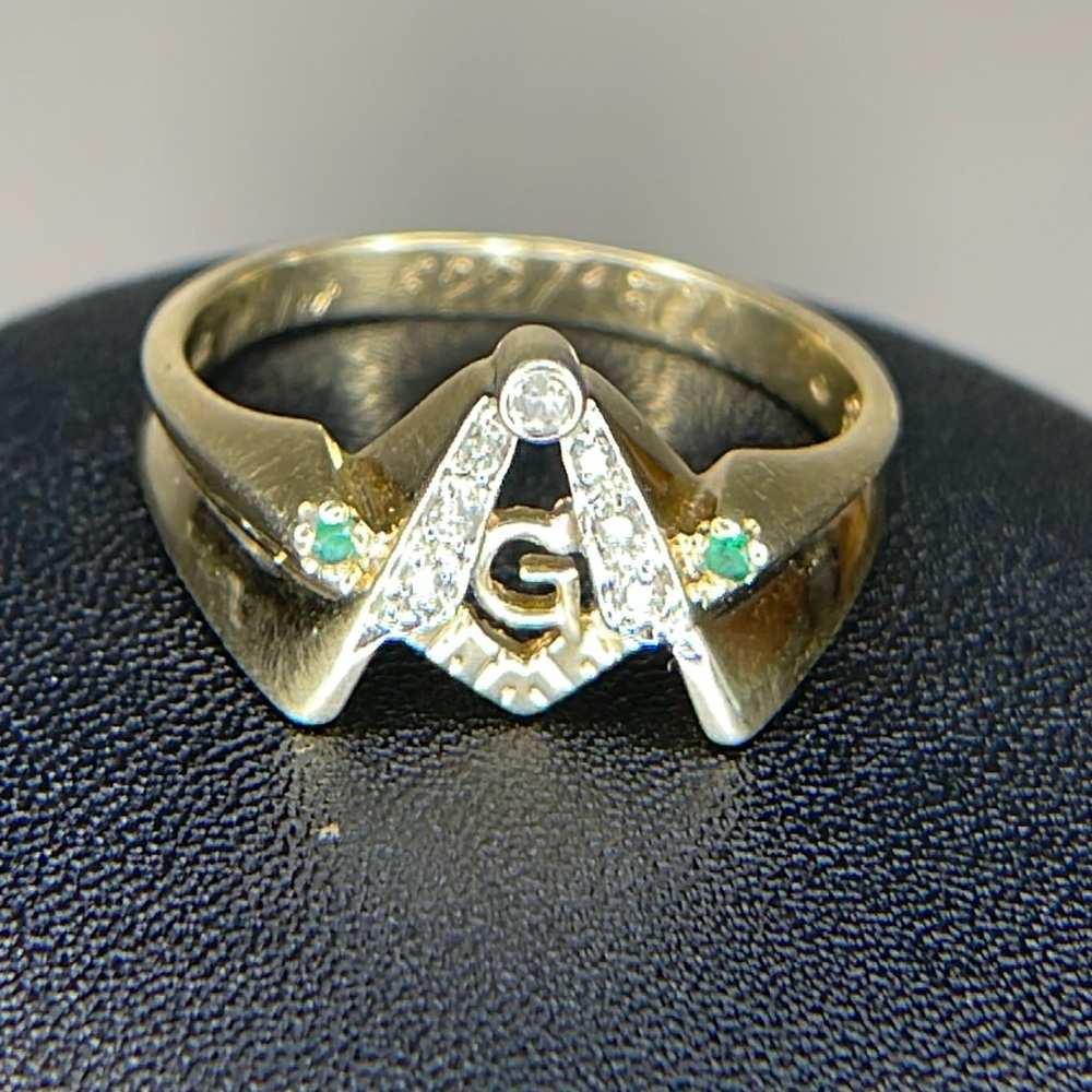 Vintage 10k Gold Masonic Lodge 3rd Degree Diamond Emerald Compass Square Ring 12